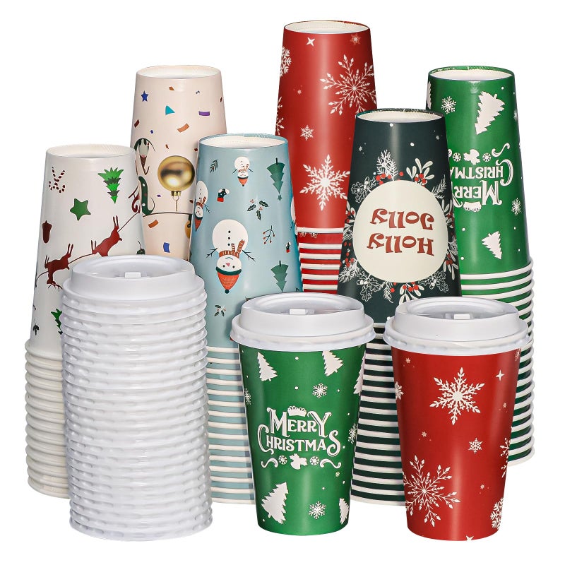 SUREPHON Christmas Cups 60 Pack 16 Oz Christmas Disposable Coffee Cups with Lids To Go Coffee Cups 6 Designs Coffee Drinking Paper Cups for Hot Chocolate Hot Cocoa Xmas Dinner Party